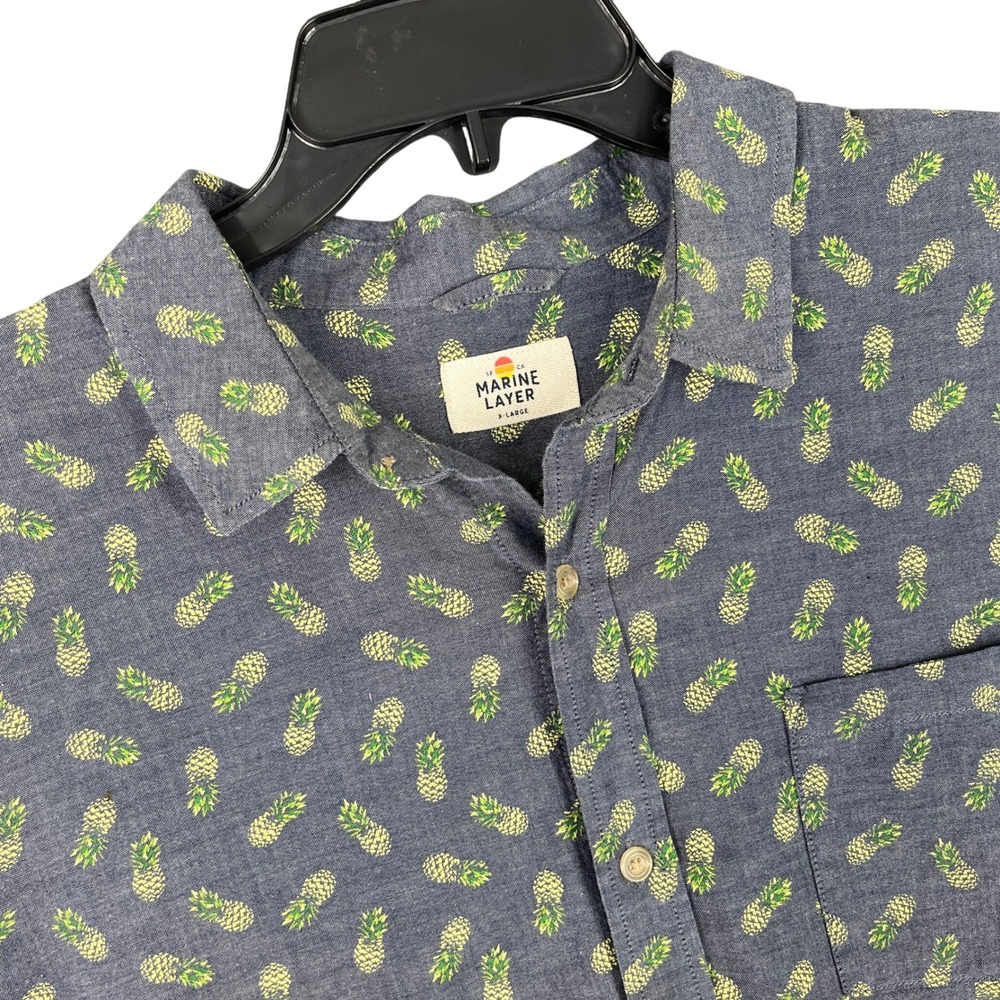 Marine Layer Mens XL Short Sleeve Button Down Shirt Pineapple‎ Print Blue Casual